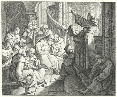 Martti Luther saarnaa Johann von Staupitzille ja muille munkeille luostarissa (kaiverrus) tekijältä Gustav Ferdinand Leopold Konig