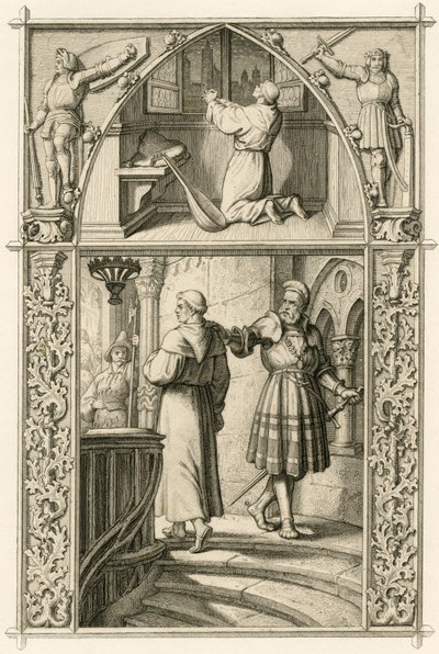 Martti Luther valmistautuu rukouksella tapaamiseen keisarin kanssa (kuva yllä); pääkuva : Luther tapaa ritari George (Georg) von Frundsbergin (Jorg von Fronsberg, Freundsbergin) tekijältä Gustav Ferdinand Leopold Konig