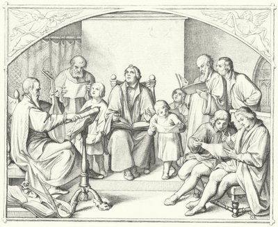 Martti Luther laulaa kirkon kuoron kanssa (kaiverrus) tekijältä Gustav Ferdinand Leopold Konig