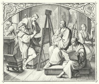 Martin Luther istuu Lucas Cranach vanhemman maalauksen ääressä (kaiverrus) tekijältä Gustav Ferdinand Leopold Konig