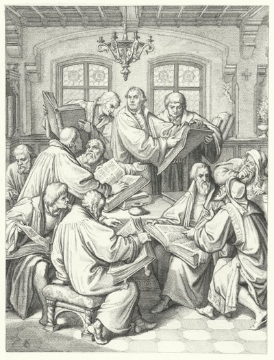 Martin Luther kääntää Raamatun saksaksi (kaiverrus) tekijältä Gustav Ferdinand Leopold Konig