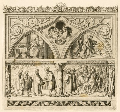 Martti Lutherin matka kreivi Mansfeldille (Mansfeld-Vorderortin Hoyer VI (1477-1540) ; kuva ylhäällä vasemmalla : surullinen Katharina , keskellä : raivoisa Saale-joki , oikealla : Luther yhdessä poikiensa kanssa Kuva alas : Luther ja kreivi tekijältä Gustav Ferdinand Leopold Konig