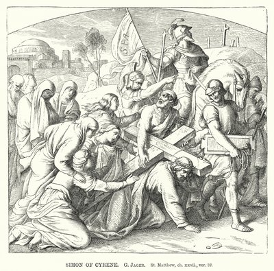 Simon Kyrenelainen, St Matthew, ch xxvii, ver 32 (kaiverrus) tekijältä Gustav Jager