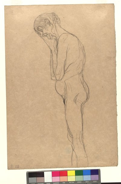 Aktdarstellung einer alten Frau im Profil nach links, den Kopf an die gefalteten Hände gelegt tekijältä Gustav Klimt