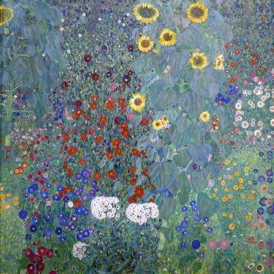 Mökin puutarha auringonkukilla tekijältä Gustav Klimt