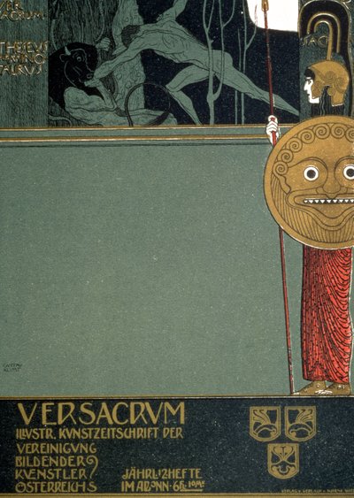 Wienin Secession-lehden "Ver Sacrum" kansi, joka kuvaa Theseusta ja Minotaurosta ensimmäisen Secession-näyttelyn aikaan Wienissä, 1898 (litografia) tekijältä Gustav Klimt