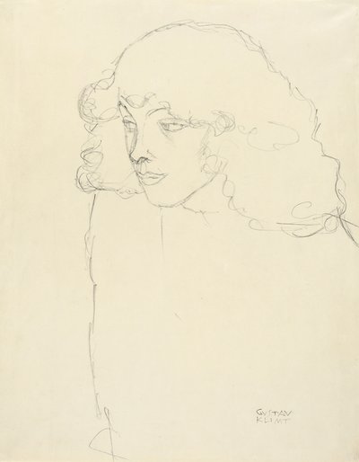 Tytön puolipitkä muotokuva vasemmalta kolmen neljäsosan profiilissa puolipitkänä tekijältä Gustav Klimt