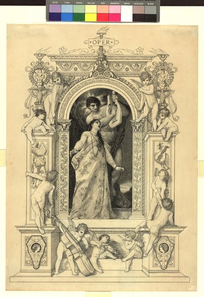 "Ooppera" (malli julkaisuun: Gerlach & Schenk, Allegoriat ja embleemit, osa 1, nro 64a) tekijältä Gustav Klimt
