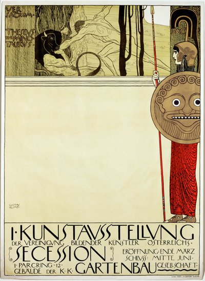 Juliste " Secession " -taideliikkeen ensimmäiseen taidenäyttelyyn. tekijältä Gustav Klimt