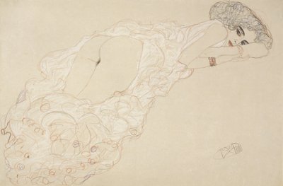 Makaava alaston makuulla vatsallaan ja kasvot oikealle, 1910 tekijältä Gustav Klimt