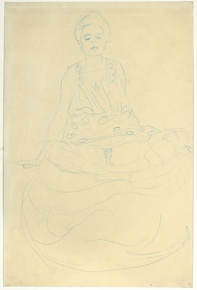 Istuu puolialastona edestä, n. 1907 (kynä paperille) tekijältä Gustav Klimt