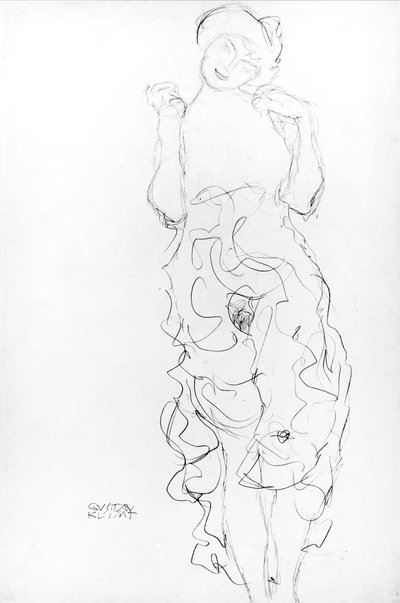 Seisova alaston kädet koholla, n. 1917/1918 (kynä paperille) (m/w valokuva) tekijältä Gustav Klimt