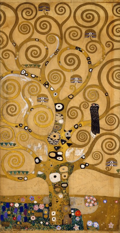 Elämänpuu (Stoclet Frieze) yksityiskohta vasemmasta reunasta, n. 1905-09 (tempera & akvarelli) tekijältä Gustav Klimt