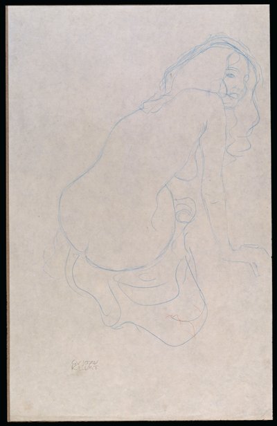 Oikealle nojaava nainen, pitkät hiukset, n. 1910-11 tekijältä Gustav Klimt