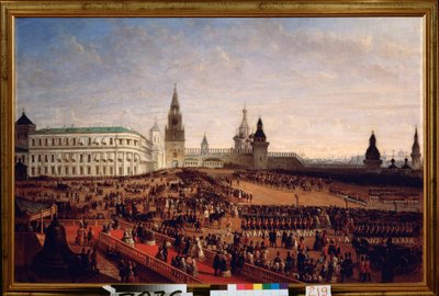 Sotilaallinen paraati keisari Aleksanteri II:n (1818-1881) kruunauksen aikana Moskovan Kremlissä, 18. helmikuuta 1855. Gustav Schwarzin maalaus (noin 1800-1855 jälkeen), öljy kankaalle tekijältä Gustav Schwarz