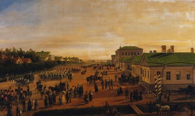 Tsaari Nikolaus palaamassa sotilasparaatista Krasnoe Selosta, 1848 tekijältä Gustav Schwarz