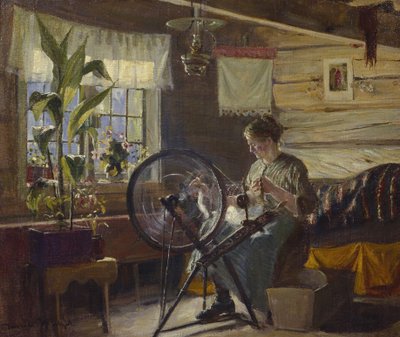 Nainen maalaistalon sisustuksessa (oi kankaalle) tekijältä Gustav Wentzel