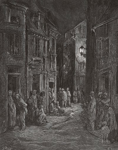 Bluegate Fieldsin slummet Lontoossa 1800-luvulla. (Tulosta) tekijältä Gustave (after) Dore