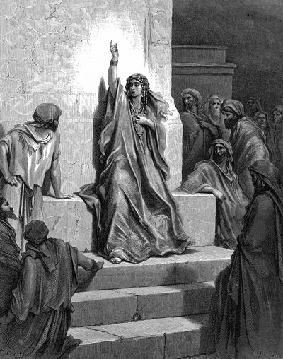 Debora, heprealainen profeetta, joka vapautti kansansa Jabinista, Kanaanin kuninkaasta, ja hänen kenraalistaan Siserrasta laulaen hänen voittolauluaan. Tuomarit 5:1. 13. vuosisadalla eaa. Gustave Doren kuvitetusta Raamatusta 1866. Puukaiverrus. tekijältä Gustave (after) Dore