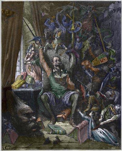 Don Quijote työhuoneessaan päiväunelmiensa haamujen ympäröimänä - Don Quijote de la Mancha, Miguel Cervantes (1547-1616) (Don Quijote), kaiverrettu Heliodore Joseph Pisan (1822-90) Gustave Doren piirtämänä tekijältä Gustave (after) Dore