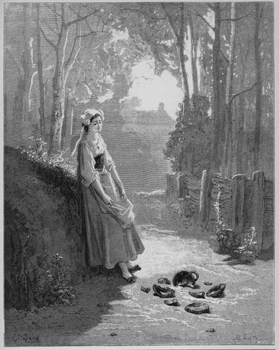 La laitiere et le jug a lait - Maitotyttö ja hänen sankonsa - Jean de La Fontainen (Lafontaine) (1621-95) "Fablesista" - kaiverrus Gustave Doren (1832-83) mukaan - Yksityinen kokoelma tekijältä Gustave (after) Dore