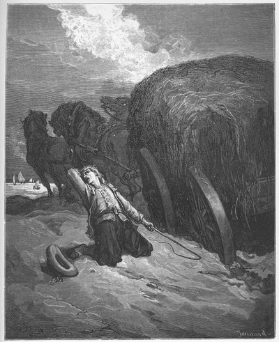 Le chartier - The Wagoner Mired - Jean de La Fontainen (Lafontaine) (1621-95) "Fablesista" - kaiverrus Gustave Doren (1832-83) mukaan - Yksityinen kokoelma tekijältä Gustave (after) Dore
