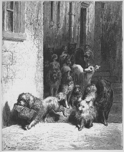 "Koira, joka kantaa isäntänsä illallista kaulassaan." Fabeln, La Fontaine (1621 - 1695), Stich von Gustave Doré (1823 - 1883) tekijältä Gustave (after) Dore