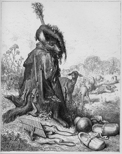 Le loup devenu berger - Susi, joka näytteli paimenta - Jean de La Fontainen (Lafontaine) (1621-95) "Fablesista" - kaiverrus Gustave Doren (1832-83) mukaan - Yksityinen kokoelma tekijältä Gustave (after) Dore
