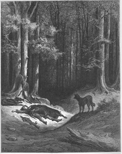 Le loup et le chasseur - Susi ja metsästäjä - Jean de La Fontainen (Lafontaine) (1621-95) "Fablesista" - kaiverrus Gustave Doren (1832-83) mukaan - Yksityinen kokoelma tekijältä Gustave (after) Dore