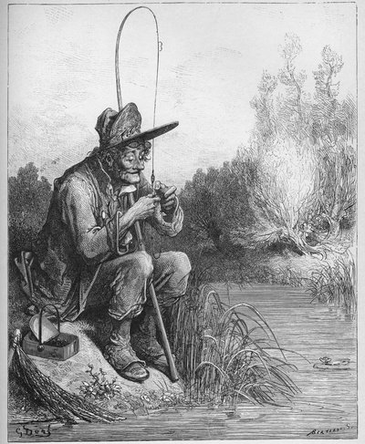 Kalastaja ja pieni kala - Kalastaja ja pieni kala - Jean de La Fontainen (Lafontaine) (1621-95) "Fablesista" - kaiverrus Gustave Doren (1832-83) mukaan - Yksityinen kokoelma tekijältä Gustave (after) Dore