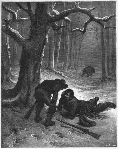 Karhu ja kaksi seuralaista - Karhu ja matkailijat - Jean de La Fontainen (Lafontaine) (1621-95) "Fablesista" - kaiverrus Gustave Doren (1832-83) mukaan - Yksityinen kokoelma tekijältä Gustave (after) Dore