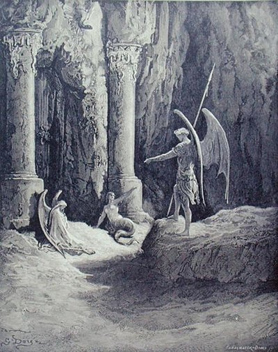 Saatana helvetin porteilla, "Kadotetun paratiisin" kirjasta II, Stephane Pannemakerin (1847-1930) kaiverrus n.1868 (kaiverrus). tekijältä Gustave (after) Dore