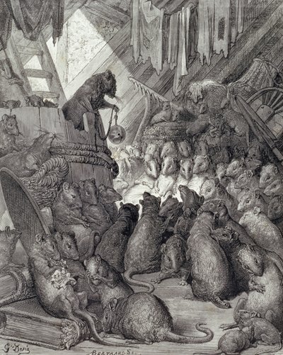 Rottien pitämä neuvosto, La Fontainen taruista, kaiverrus Antoine Valerie Bertrand (s.1823) n. 1868 (kaiverrus) tekijältä Gustave (after) Dore