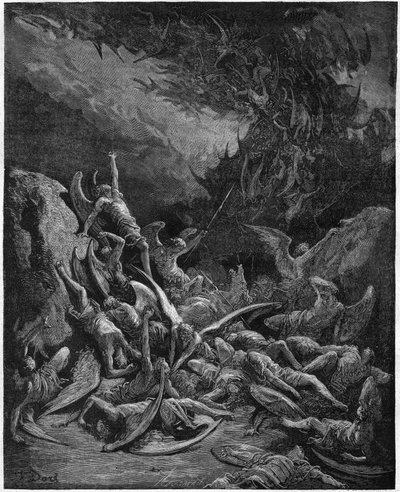 Kadonnut paratiisi: langenneet enkelit. Gustave Doren piirroksesta, joka kuvaa englantilaisen runoilijan John Miltonin (1608-1674) "Kadonnutta paratiisia". Kaiverrus vuodelta 1867. Yksityinen kokoelma tekijältä Gustave (after) Dore