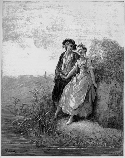 Tircis et Amarante - Tircis ja Amaranth - (Paimen ja paimentar) - Jean de La Fontainen (Lafontaine) (1621-95) "Fablesista" - kaiverrus Gustave Doren (1832-83) mukaan - Yksityinen kokoelma tekijältä Gustave (after) Dore