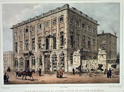 Cafe Amitie ja Old Hotel du Prince Frederic, Bryssel, 23.-26. syyskuuta 1830 käytyjen taistelujen jälkeen, kaiverrus Jean Baptiste Madou (1796-1877) (värinen kaiverrus) tekijältä Gustave Adolphe (after) Simoneau
