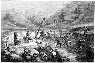 Hiekkojen kaivaminen ja pesu joen pohjassa, Kalifornia, 1800-luku. tekijältä Gustave Adolphe Chassevent Bacques