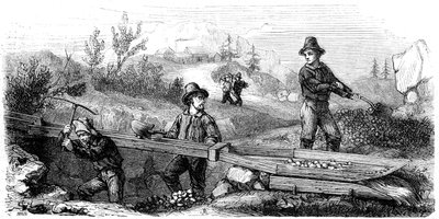 Ranskalaiset kaivostyöläiset työskentelevät pitkällä tom-sulkulla, Kalifornia, 1800-luku. tekijältä Gustave Adolphe Chassevent Bacques