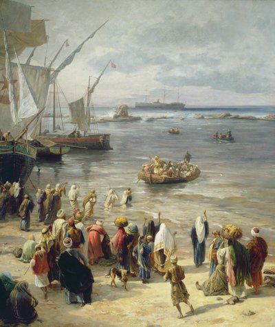 Jaffa, turkkilaisten sotilaiden värväys Palestiinassa, 1888 (oikea yksityiskohta numerosta 226323) tekijältä Gustave Bauernfeind