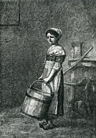 Cosette kantaa ämpäriä, kuvitus Victor Hugon teoksesta "Les Miserables" tekijältä Gustave Brion