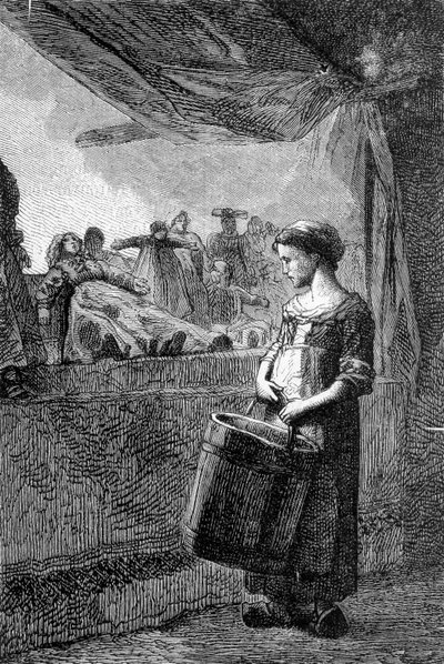 Cosette lelukaupan edessä - Victor Hugon "" Les Miserables" -kirjassa, ill. kirjoittanut Brion, toim. Hetzel ja Lacroix tekijältä Gustave Brion