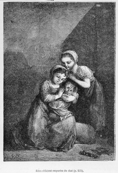 Cosette ja hänen ystävänsä ja kissa - Victor Hugon "" Les Miserables" -kirjassa, sairas. kirjoittanut Brion, toim. Hetzel ja Lacroix tekijältä Gustave Brion