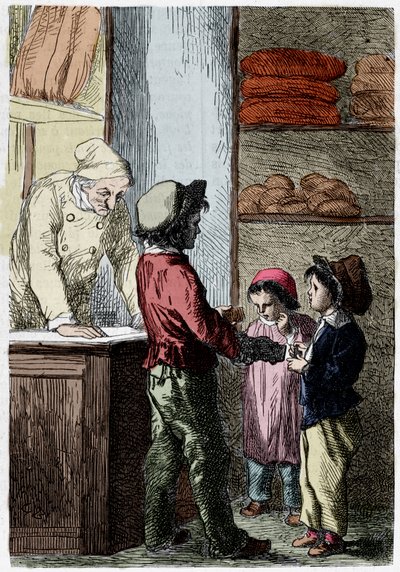 Gavroche antaa leipää lapsille - Victor Hugon "" Les Miserables" -kirjassa, ill. kirjoittanut Brion, toim. Hetzel ja Lacroix tekijältä Gustave Brion