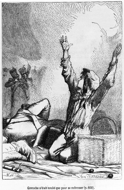 Gavroche oli pudonnut vain noustakseen jälleen, kuvitus Victor Hugon (1802-85) Les Miserables -kirjasta Jules Leon Perrichonin (1836-97) kaivertama. tekijältä Gustave Brion