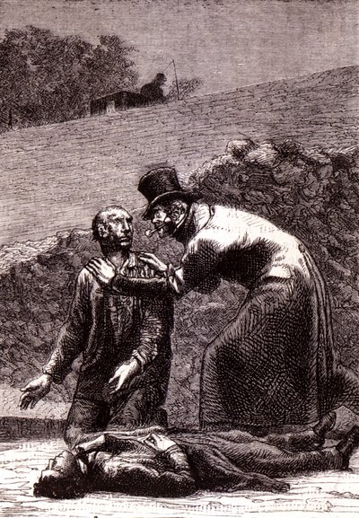 Javert tunnistaa Valjeanin - Victor Hugon "" Les Misérables" -kirjassa, sairas. kirjoittanut Brion, toim. Hetzel ja Lacroix tekijältä Gustave Brion