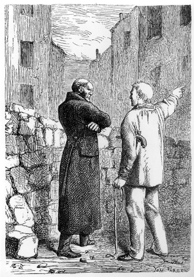 Jean Valjean saa kostonsa, kuvitus Victor Hugon (1802-85) Les Miserables -teoksesta Jules Perrichonin (1836-97) kaivertama tekijältä Gustave Brion