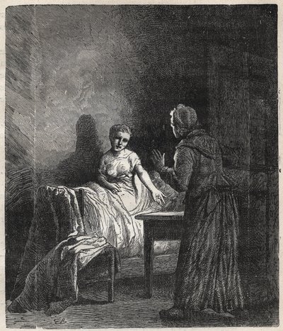 Marguerite astuu Fantinen huoneeseen ja Fantine näyttää hänelle kahta Napoleonia (kolikko), jotka voivat pelastaa Cosetten, hänen tyttärensä - Gustave Brionin (1824-1877) kuvitus Victor Hugon (1802-1885) elokuvaan "The Miserables - First part: Fantine" 186 tekijältä Gustave Brion