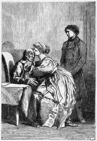 Marius ja Cosette vierailevat Jean Valjeanin luona sairaana - Victor Hugon "" Les Miserables" -kirjassa, sairas. kirjoittanut Brion, toim. Hetzel ja Lacroix tekijältä Gustave Brion