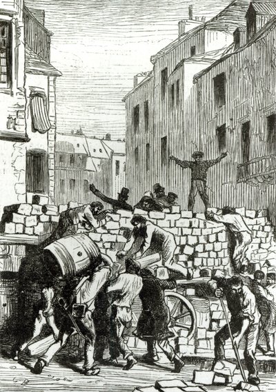 Barrikadi, kuvitus Victor Hugon (1802-85) teoksesta "Les Miserables" tekijältä Gustave Brion