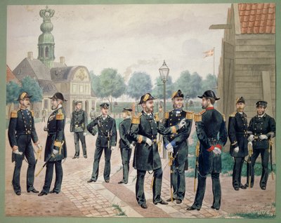 Tanskan laivaston upseerit Akatemiassa. Gustav Brockin vesiväri tekijältä Gustave Brock